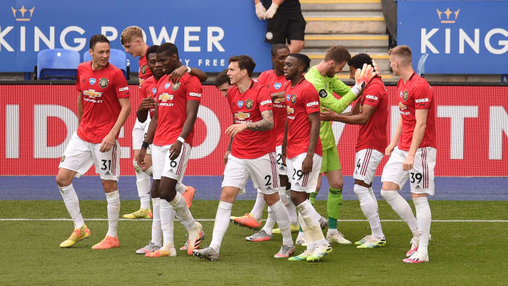 Manchester United celebrate in their last Premier League game of the season against Leicester City