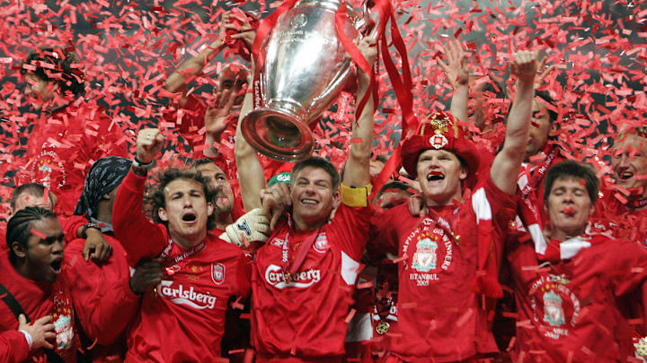 Liverpool's captain Steven Gerrard holds