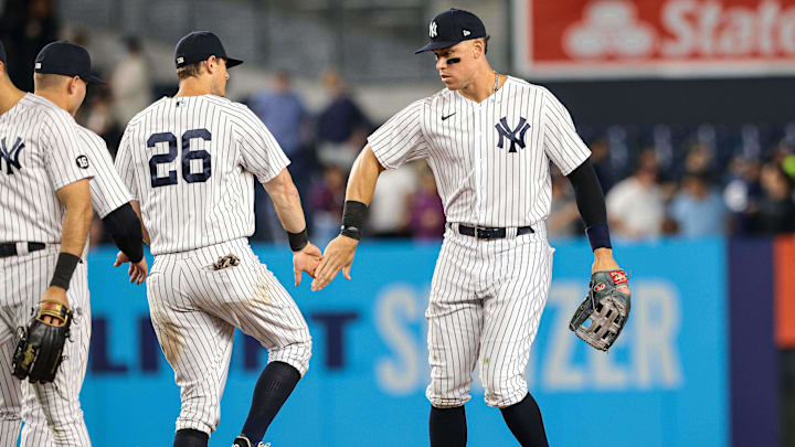 Sep 20, 2021; Bronx, New York, USA; New York Yankees right fielder Aaron Judge (99) celebrates with