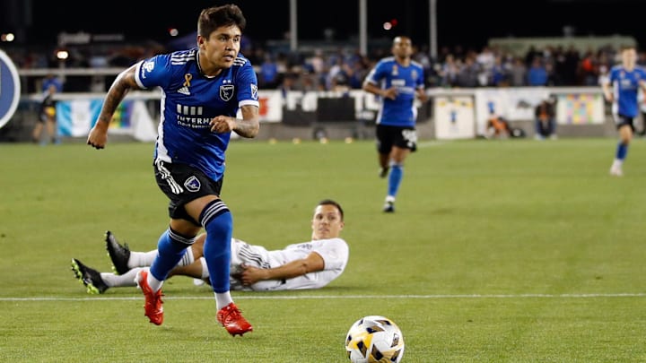 Sep 15, 2021; San Jose, California, USA; San Jose Earthquakes midfielder Javier Lopez (9) dribbles