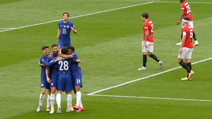 Giroud celebrates with his team-mates against Manchester United
