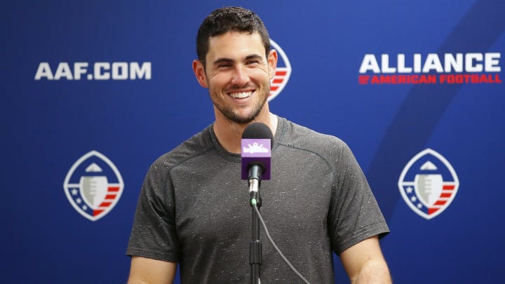 Former Georgia Bulldogs and AAF Atlanta Legends QB Aaron Murray smiles during a press conference.