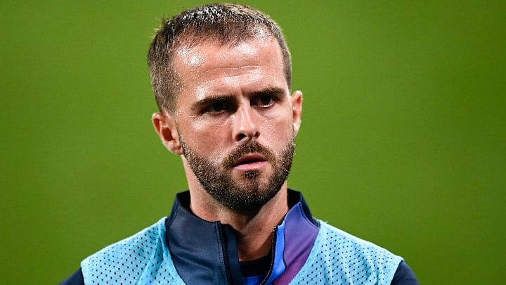 Miralem Pjanic of FC Barcelona looks on during the pre-... Miralem Pjanic of FC Barcelona looks on during the pre-...