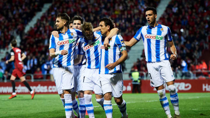 Real Sociedad players celebrating a goal against Mirandes in 2019-20 Copa del Rey.