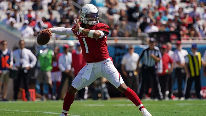 Sep 26, 2021; Jacksonville, Florida, USA; Arizona Cardinals quarterback Kyler Murray (1) attempts a