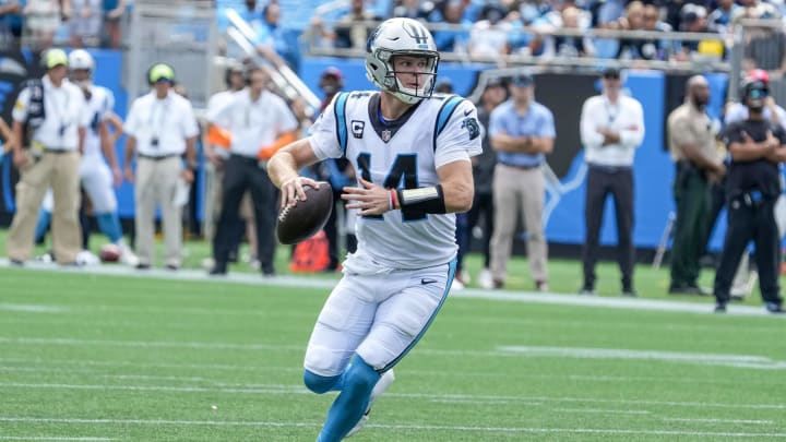 Sep 19, 2021; Charlotte, North Carolina, USA; Carolina Panthers quarterback Sam Darnold (14) throws