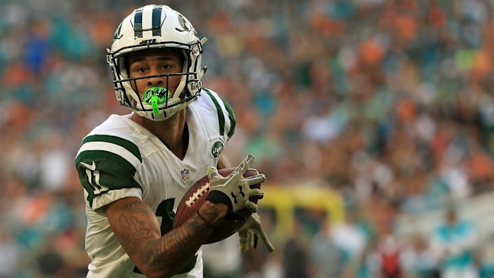 Jets receiver Robby Anderson turns up field with the ball in a game against the Dolphins. Jets receiver Robby Anderson turns up field with the ball in a game against the Dolphins.