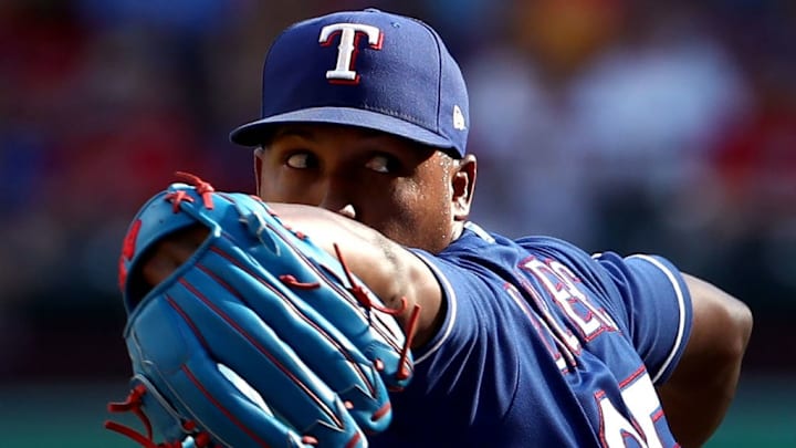 Texas Rangers pitcher José LeClerc throwing against the New York Yankees in September