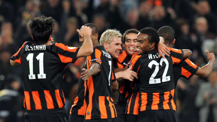 Players of FC Shakhtar celebrate after t