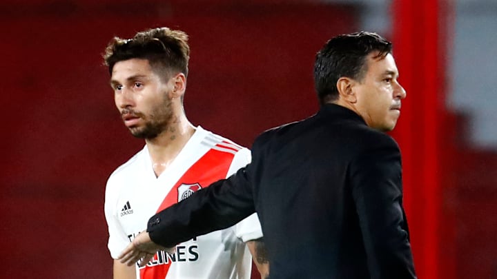 River Plate v Palmeiras - Copa CONMEBOL Libertadores 2020 - Gonzalo Montiel, consolado por Gallardo. River Plate v Palmeiras - Copa CONMEBOL Libertadores 2020 - Gonzalo Montiel, consolado por Gallardo.
