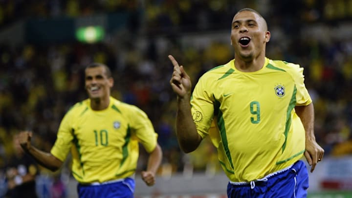 Ronaldo of Brazil celebrates scoring the winning goal