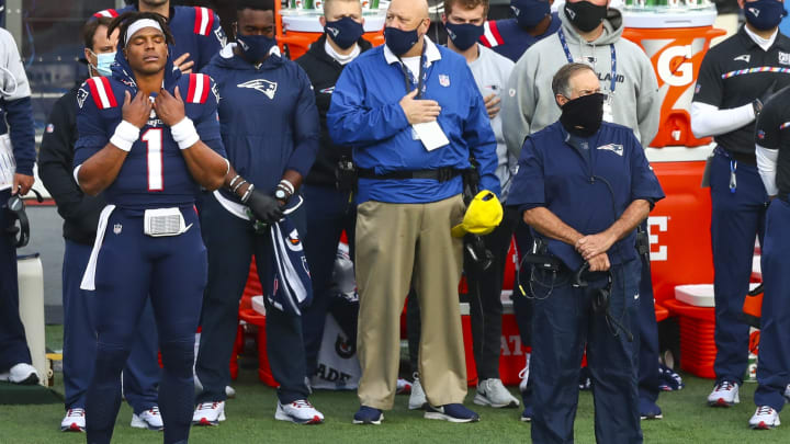 Cam Newton and Bill Belichick, San Francisco 49ers v New England Patriots