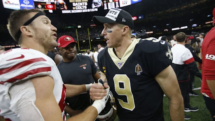 Drew Brees meets 49ers fullback Kyle Juszczyk after last year's shootout in New Orleans