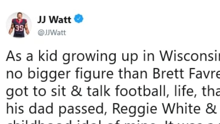 JJ Watt tweeted out a tribute to his childhood idol, Brett Favre, after meeting him.
