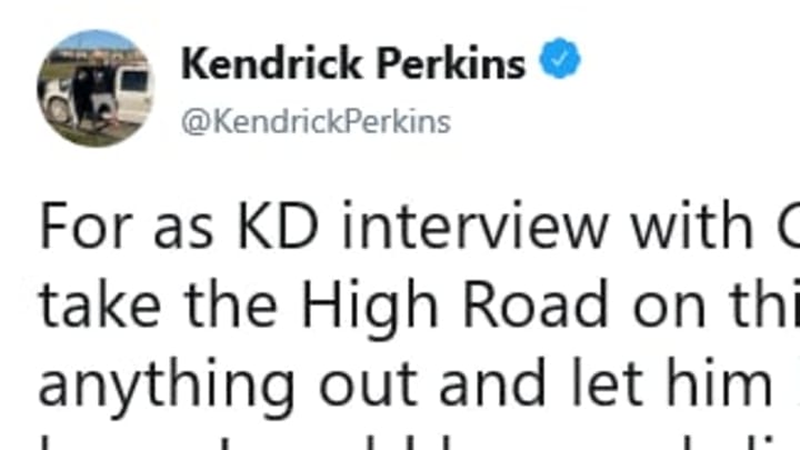 Kendrick Perkins sends out a cryptic tweet in regards to Kevin Durant's latest interview.