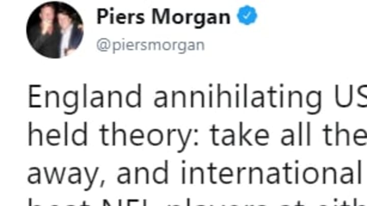 Piers Morgan believes NFL players aren't as tough as rugby players if you take away their helmets. Piers Morgan believes NFL players aren't as tough as rugby players if you take away their helmets.