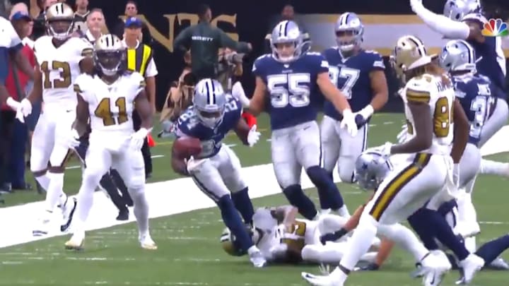 Chidobe Awuzie hauls in ridiculous tipped interception on Teddy Bridgewater on Sunday. Chidobe Awuzie hauls in ridiculous tipped interception on Teddy Bridgewater on Sunday.
