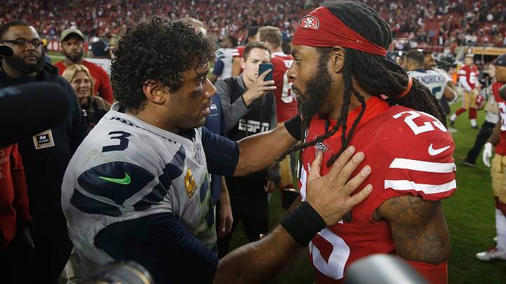 Russell Wilson and Richard Sherman after the Seahawks-49ers matchup in Week 10. 