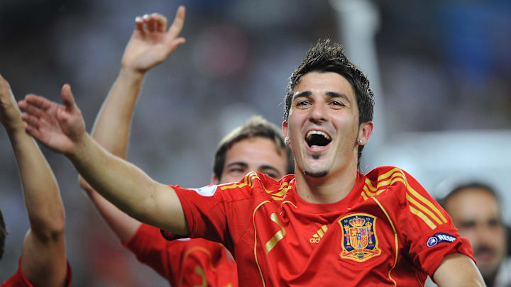 Spanish forward David Villa celebrates a