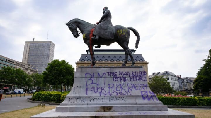 The statue of former king of Belgium Leopold II has been defaced by protesters in Ekeren
