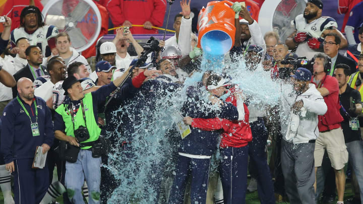 Bill Belichick gets doused in Gatorade following the Patriots Super Bowl win over the Seahawks.