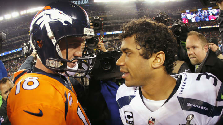 Russell Wilson is on pace to break Peyton Manning's record. Russell Wilson is on pace to break Peyton Manning's record.