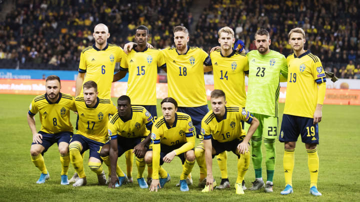 Sweden men's national team poses before a UEFA Euro 2020 qualifier match against the Faroe Islands.