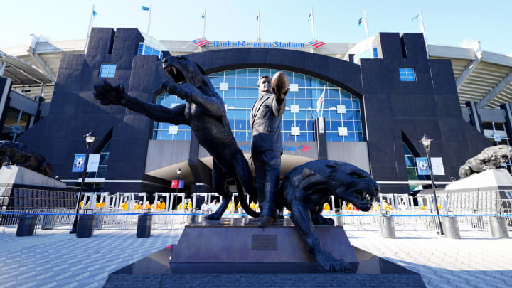 Statue of former Carolina Panthers owner Jerry Richardson in front of Bank of America Stadium in Charlotte