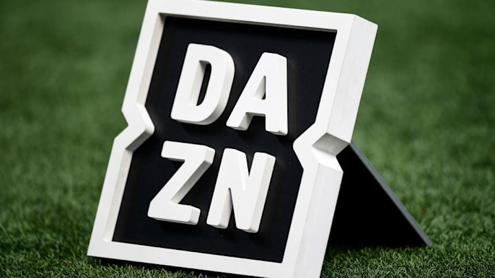 The DAZN logo is seen prior to the Serie A football match...
