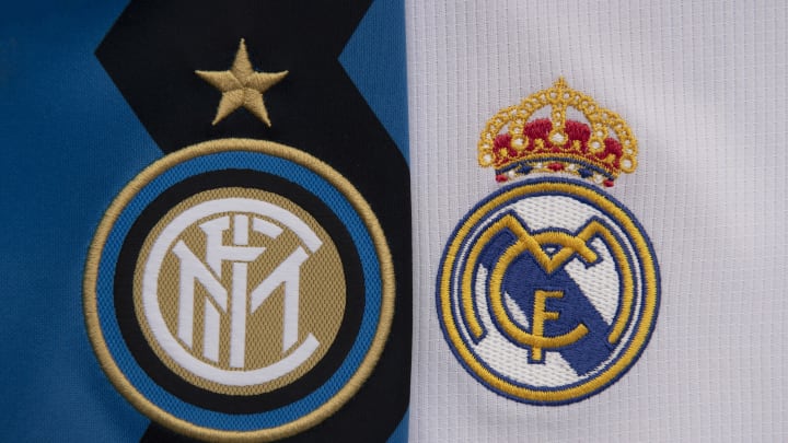 Ilustrasi logo Inter (lama) dan Real Madrid