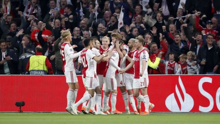 Ajax Amsterdam players celebrating a goal against Tottenham Hotspur in 2018-19 UEFA Champions League.