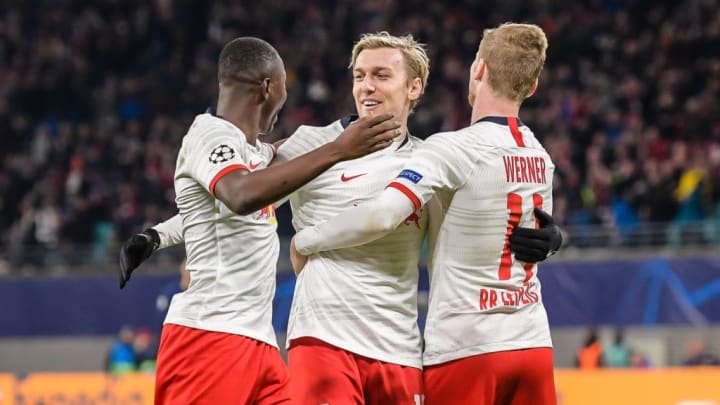 RB Leipzig players celebrating a goal against Tottenham in 2019-20 UEFA Champions League.