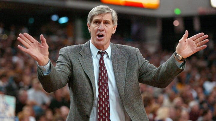 Utah Jazz head coach Jerry Sloan argues with the o