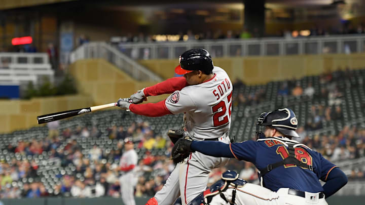 MINNEAPOLIS, MINNESOTA - SEPTEMBER 12: Juan Soto #22 of the Washington Nationals hits a two-run home run against the Minnesota Twins during the sixth inning of the interleague game at Target Field on September 12, 2019 in Minneapolis, Minnesota. The Nationals defeated the Twins 12-6. (Photo by Hannah Foslien/Getty Images) MINNEAPOLIS, MINNESOTA - SEPTEMBER 12: Juan Soto #22 of the Washington Nationals hits a two-run home run against the Minnesota Twins during the sixth inning of the interleague game at Target Field on September 12, 2019 in Minneapolis, Minnesota. The Nationals defeated the Twins 12-6. (Photo by Hannah Foslien/Getty Images)