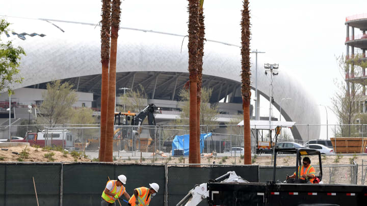 Construction has continued on SoFi Stadium in Los Angeles.