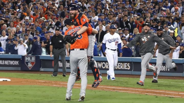The Houston Astros moments after winning the 2017 World Series at Dodger Stadium