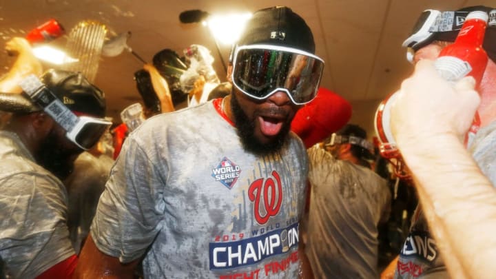 Washington Nationals infielder Howie Kendrick celebrates the team's 2019 World Series Championship