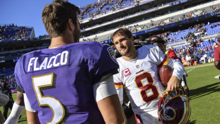 BALTIMORE, MD - OCTOBER 9: Washington Redskins quarterback Kirk Cousins (8) greets Baltimore Ravens quarterback Joe Flacco (5) following Washington's 16-10 win at M