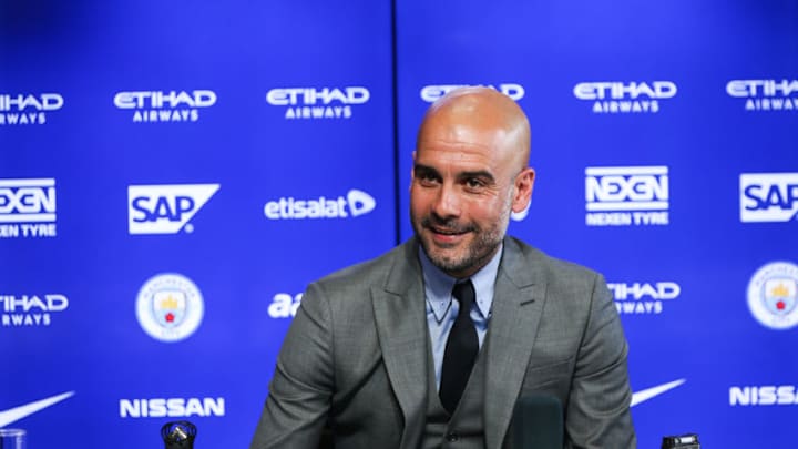 MANCHESTER, ENGLAND - JULY 08: Manchester City's manager Pep Guardiola attends a press conference at Etihad Stadium on July 8, 2016 in Manchester, England. (Photo by Barrington Coombs/Getty Images)