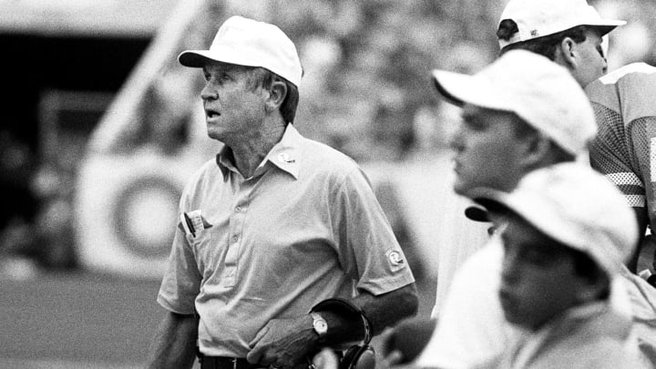 Tennessee head coach Johnny Majors, left, keeps an eye on the field against LSU. Winless Tennessee fall 34-9 to ninth-ranked LSU before 92,849 fans at Neyland Stadium in Knoxville Sept. 17, 1988.88then09 045