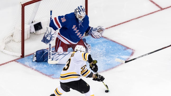 NEW YORK, NY - OCTOBER 27: Boston Bruins Left Wing Brad Marchand (63) works in front of New York Rangers Goalie Henrik Lundqvist (30) during an Eastern Conference matchup between the Boston Bruins and the New York Rangers on October 27, 2019, at Madison Square Garden in New York, NY. (Photo by David Hahn/Icon Sportswire via Getty Images)
