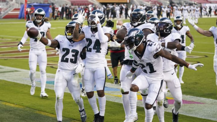 October 4, 2020; Santa Clara, California, USA; Philadelphia Eagles free safety Rodney McLeod (23) celebrates with his teammates after intercepting the football against the San Francisco 49ers during the second quarter at Levi's Stadium. Mandatory Credit: Kyle Terada-USA TODAY Sports