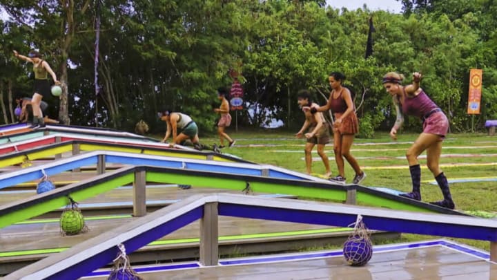 “Full Tilt Boogie” – Castaways must land a win at the reward challenge to earn a night at the sanctuary and letters from home. Then, castaways will need to snake their way toward a win in the immunity challenge, on SURVIVOR, Wednesday, May 3 (8:00-9:00 PM, ET/PT) on the CBS Television Network, and available to stream live and on demand on Paramount+. Pictured (L-R): Danny Massa, Frannie Marin, Heidi Lagares-Greenblatt, Lauren Harpe, Carson Garrett, Jaime Lynn Ruiz, and Carolyn Wiger. Photo: CBS ©2023 CBS Broadcasting, Inc. All Rights Reserved. Highest quality screengrab available.