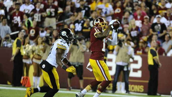 Sep 12, 2016; Landover, MD, USA; Washington Redskins wide receiver DeSean Jackson (11) makes a reception in front of Pittsburgh Steelers free safety Mike Mitchell (23) during the first half at FedEx Field. Mandatory Credit: Brad Mills-USA TODAY Sports