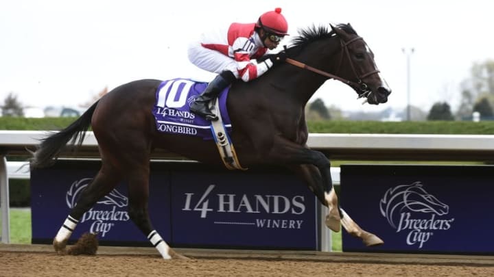 Oct 31, 2015; Lexington, KY, USA; Mike Smith aboard Songbird goes on to win race three of the 2015 Breeders Cup Championships at Keeneland. Mandatory Credit: Richard Mackson-USA TODAY Sports