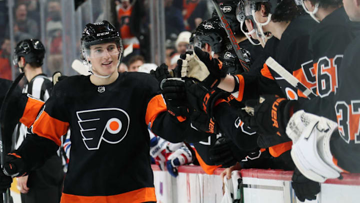 PHILADELPHIA, PA - DECEMBER 23: Nicolas Aube-Kubel #62 of the Philadelphia Flyers celebrates his third period goal against the New York Rangers with his teammates on the bench on December 23, 2019 at the Wells Fargo Center in Philadelphia, Pennsylvania. The goal was the first of his NHL career. The Flyers went on to defeat the Rangers 5-1. (Photo by Len Redkoles/NHLI via Getty Images)