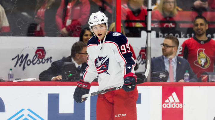 OTTAWA, ON - APRIL 06: Columbus Blue Jackets Center Matt Duchene (95) during warm-up before National Hockey League action between the Columbus Blue Jackets and Ottawa Senators on April 6, 2019, at Canadian Tire Centre in Ottawa, ON, Canada. (Photo by Richard A. Whittaker/Icon Sportswire via Getty Images)