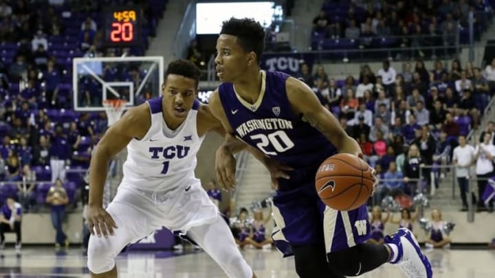 Nov 30, 2016; Fort Worth, TX, USA; Washington Huskies guard Markelle Fultz (20) dribbles on TCU Horned Frogs guard Desmond Bane (1) during the first half at Ed and Rae Schollmaier Arena. Mandatory Credit: Ray Carlin-USA TODAY Sports