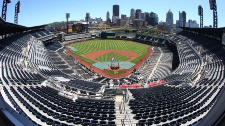 May 23, 2015; Pittsburgh, PA, USA; General view as the Pittsburgh Pirates take batting practice before playing the New York Mets at PNC Park. Mandatory Credit: Charles LeClaire-USA TODAY Sports