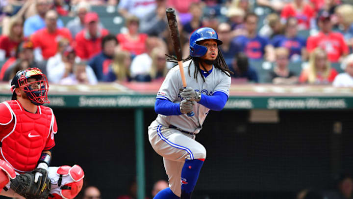 CLEVELAND, OHIO - APRIL 07: Freddy Galvis #16 of the Toronto Blue Jays hits a double during the fourth inning against the Cleveland Indians at Progressive Field on April 07, 2019 in Cleveland, Ohio. (Photo by Jason Miller/Getty Images)